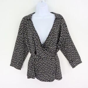 Covington Belted Blouse Shirt 3/4 Sleeves Womens XL Black‎ Floral V-Neck Stretch